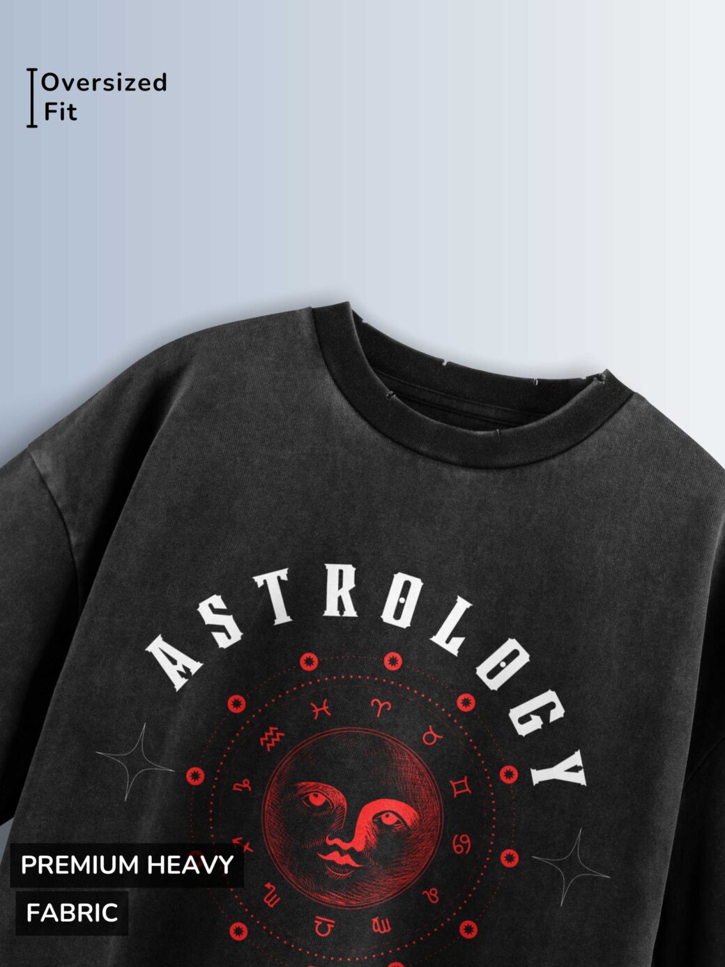 Distressed black oversized T-shirt with 'ASTROLOGY' and 'ZODIAK' text and a sun face graphic surrounded by zodiac symbols.