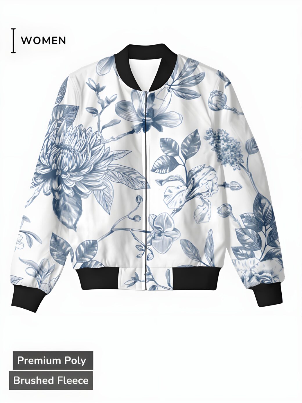 A white women's bomber jacket with intricate blue botanical patterns, creating an elegant and serene design.