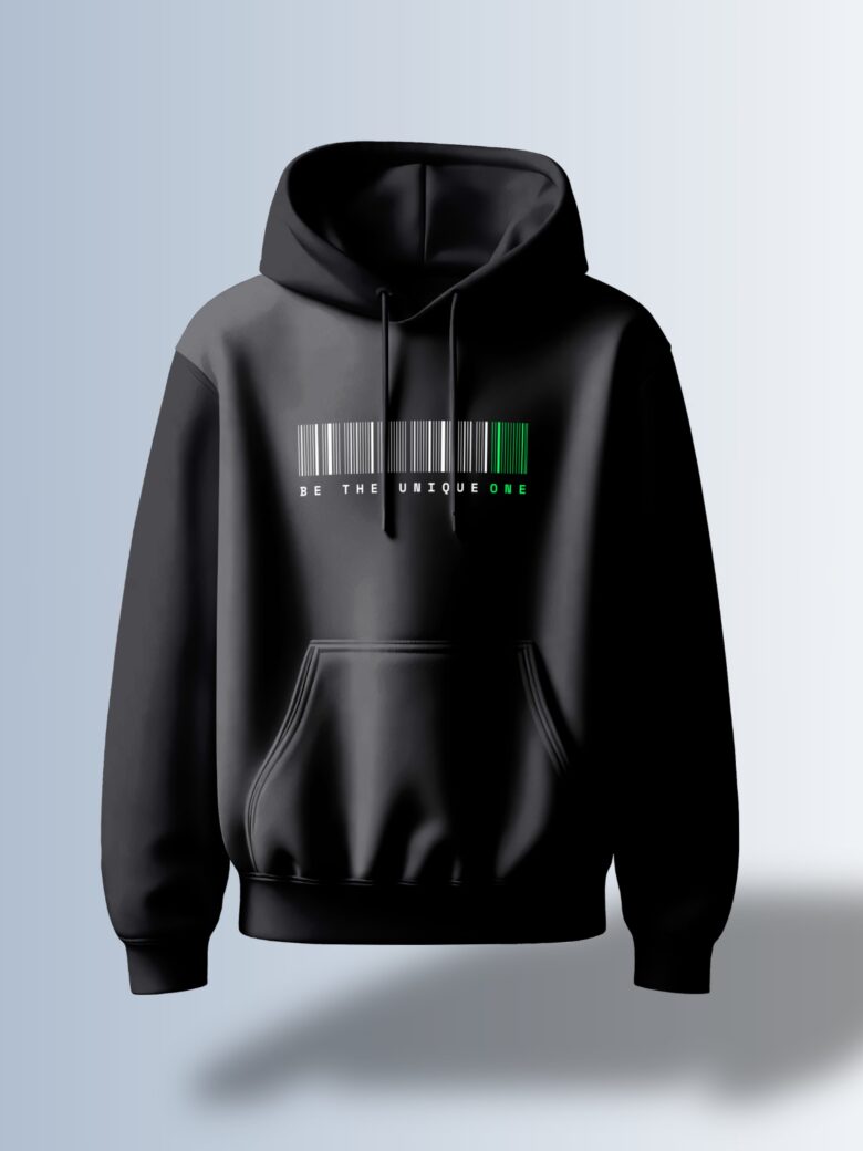 Black hoodie with a barcode graphic with a highlighted green section and the text "BE THE UNIQUE ONE."