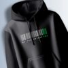 Black hoodie with a barcode graphic with a highlighted green section and the text "BE THE UNIQUE ONE."