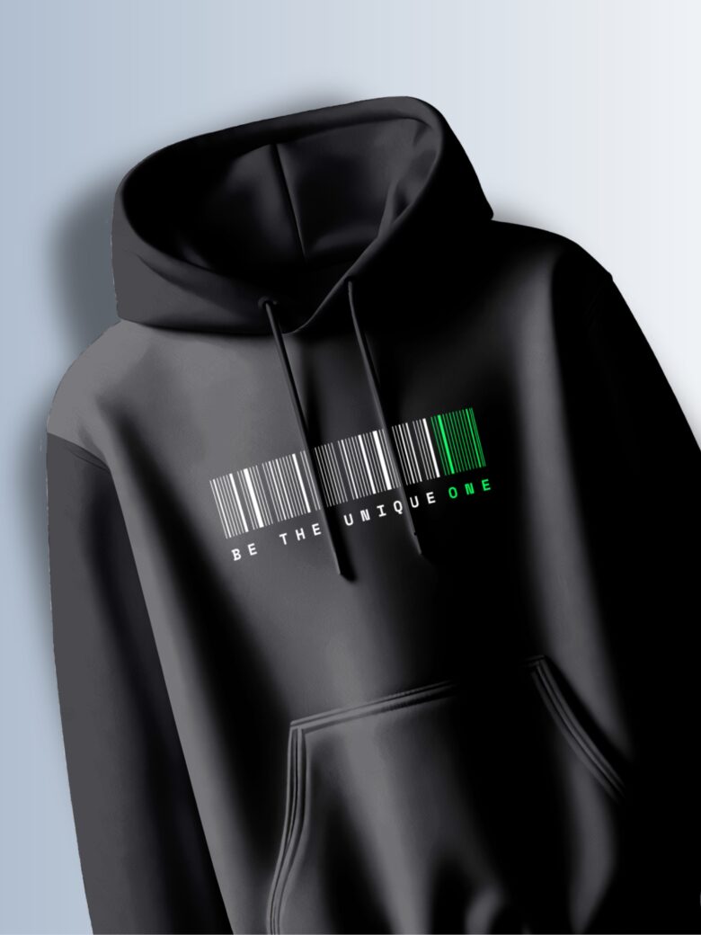 Black hoodie with a barcode graphic with a highlighted green section and the text "BE THE UNIQUE ONE."