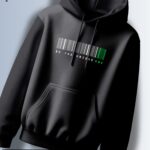 Black hoodie with a barcode graphic with a highlighted green section and the text "BE THE UNIQUE ONE."