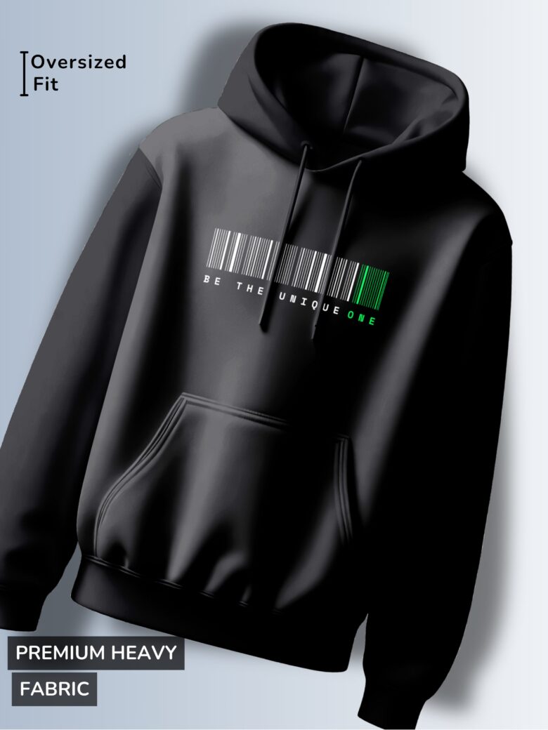 Black hoodie with a barcode graphic with a highlighted green section and the text "BE THE UNIQUE ONE."