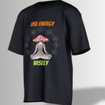 Black oversized T-shirt featuring a mystical mushroom with intricate patterns, surrounded by chakra-like symbols and 'Use Energy Wisely' text.