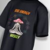 Black oversized T-shirt featuring a mystical mushroom with intricate patterns, surrounded by chakra-like symbols and 'Use Energy Wisely' text.