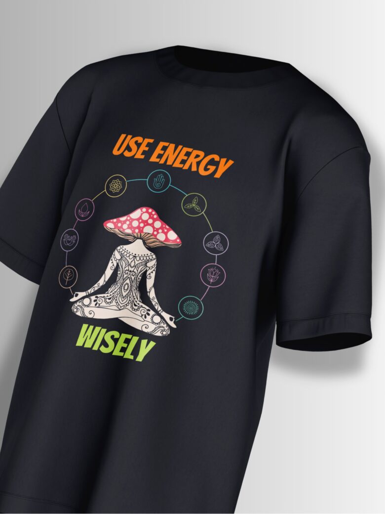 Black oversized T-shirt featuring a mystical mushroom with intricate patterns, surrounded by chakra-like symbols and 'Use Energy Wisely' text.