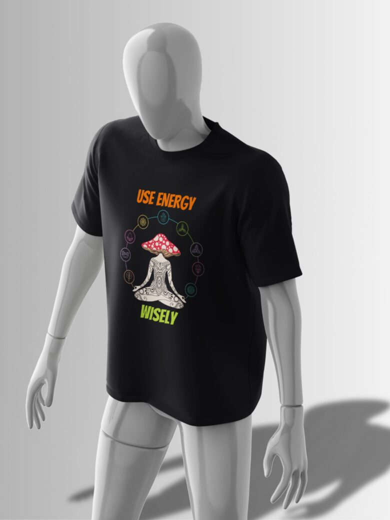 Black oversized T-shirt featuring a mystical mushroom with intricate patterns, surrounded by chakra-like symbols and 'Use Energy Wisely' text.