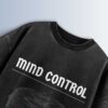 Distressed black oversized T-shirt with 'MIND CONTROL' graphic, abstract glitch image, and text 'MIND CONTROL IS VERY IMPORTANT IN ALL SITUATIONS'.