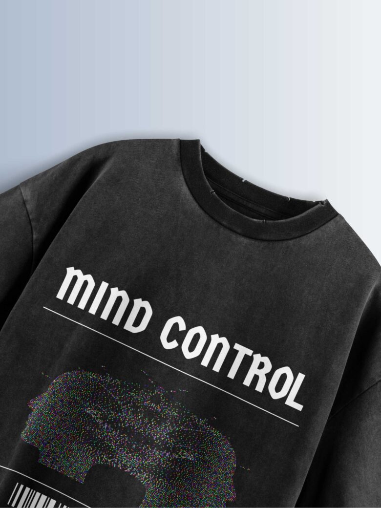 Distressed black oversized T-shirt with 'MIND CONTROL' graphic, abstract glitch image, and text 'MIND CONTROL IS VERY IMPORTANT IN ALL SITUATIONS'.