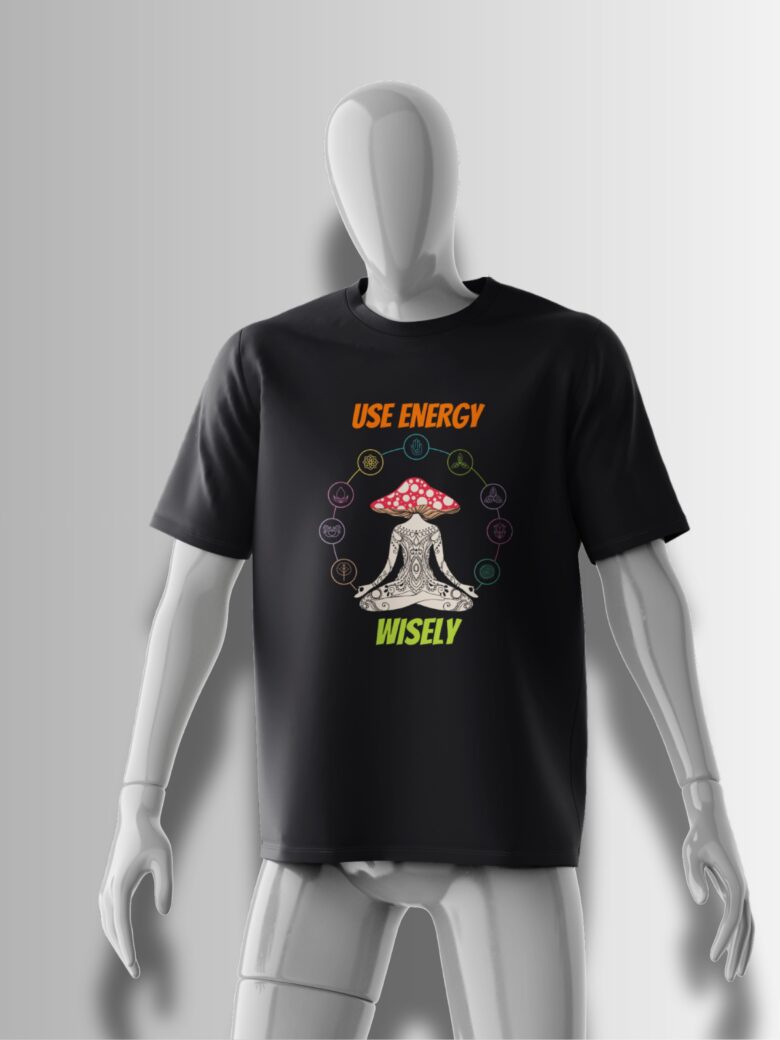 Black oversized T-shirt featuring a mystical mushroom with intricate patterns, surrounded by chakra-like symbols and 'Use Energy Wisely' text.