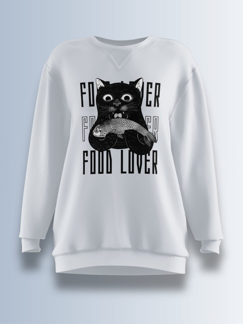 White fleece sweatshirt featuring a black cat holding a fish with the words 'FOOD LOVER' in bold typography.