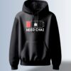 Black hoodie with a graphic showing a low battery symbol with a tea cup icon and the text "NEED CHAI."