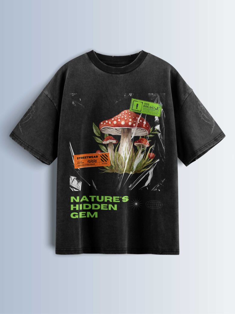 Distressed black oversized T-shirt with a mushroom graphic, 'STREETWEAR' tag, and 'NATURE'S HIDDEN GEM' text.