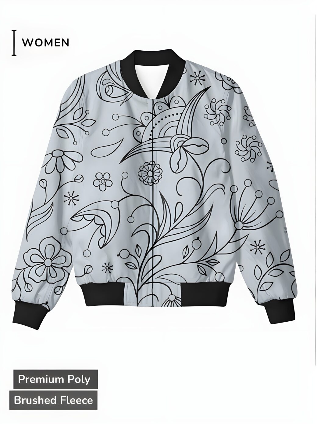 A light gray women's bomber jacket with elegant black floral line art, featuring flowers, leaves, and botanical elements.