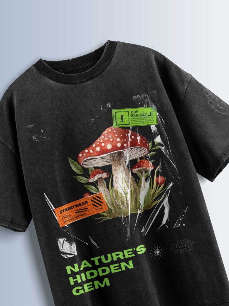 Distressed black oversized T-shirt with a mushroom graphic, 'STREETWEAR' tag, and 'NATURE'S HIDDEN GEM' text.