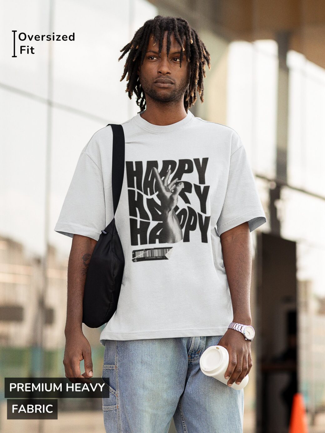 White oversized T-shirt featuring a distorted 'HAPPY' typography with a black-and-white reaching hand graphic.