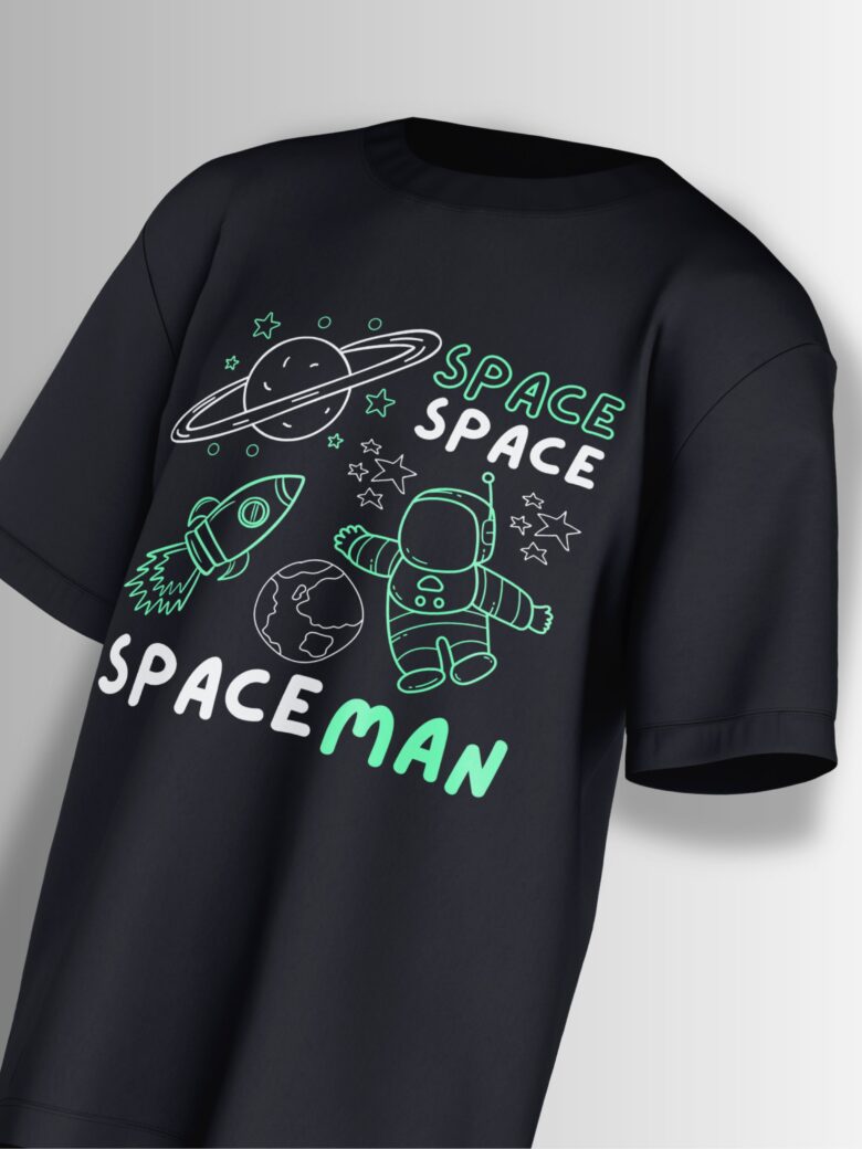 Black oversized T-shirt featuring a neon green & white doodle of an astronaut, rocket, planets, and stars with 'SPACE SPACEMAN' text.