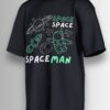 Black oversized T-shirt featuring a neon green & white doodle of an astronaut, rocket, planets, and stars with 'SPACE SPACEMAN' text.