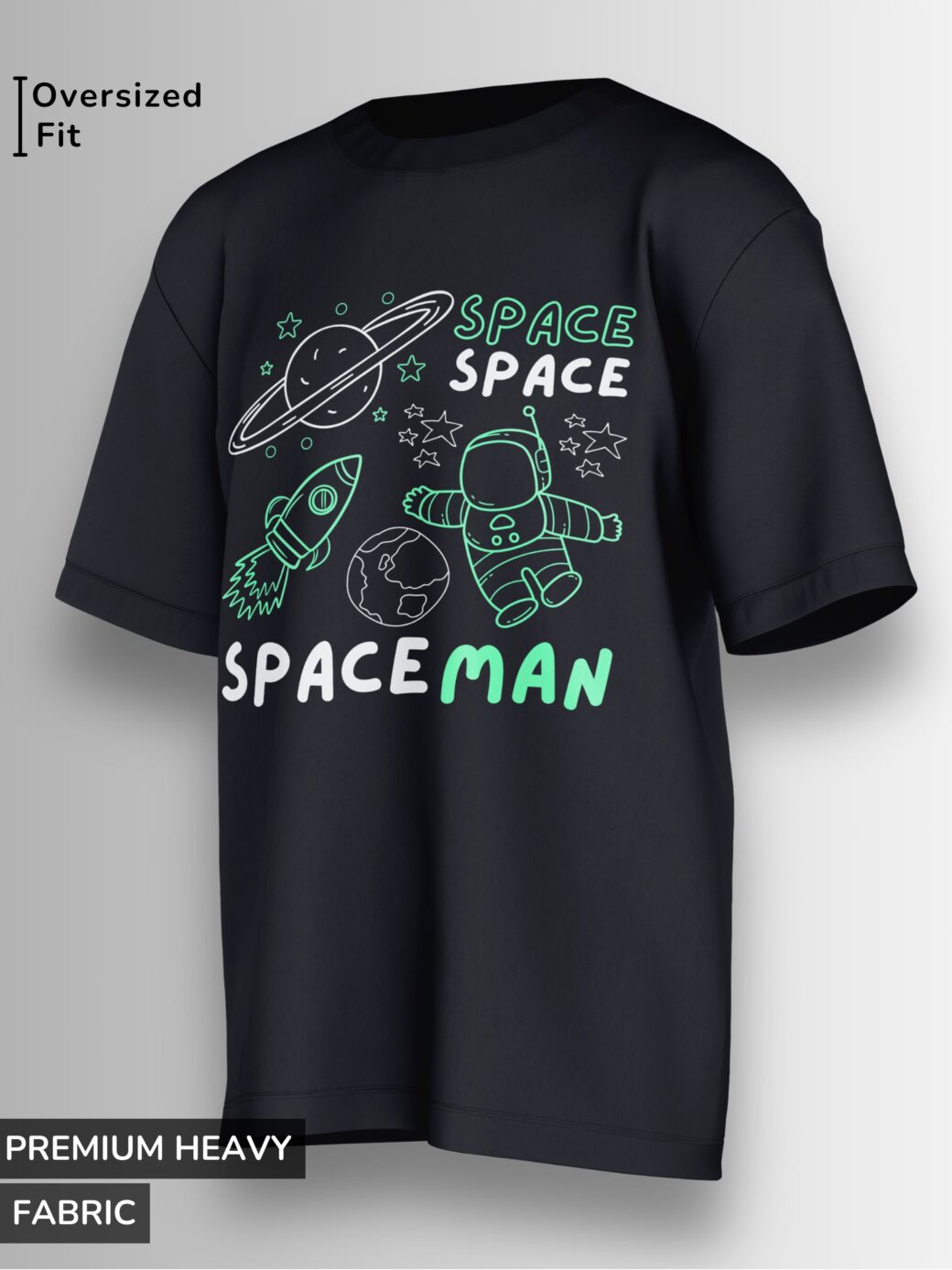 Black oversized T-shirt featuring a neon green & white doodle of an astronaut, rocket, planets, and stars with 'SPACE SPACEMAN' text.