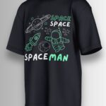 Black oversized T-shirt featuring a neon green & white doodle of an astronaut, rocket, planets, and stars with 'SPACE SPACEMAN' text.