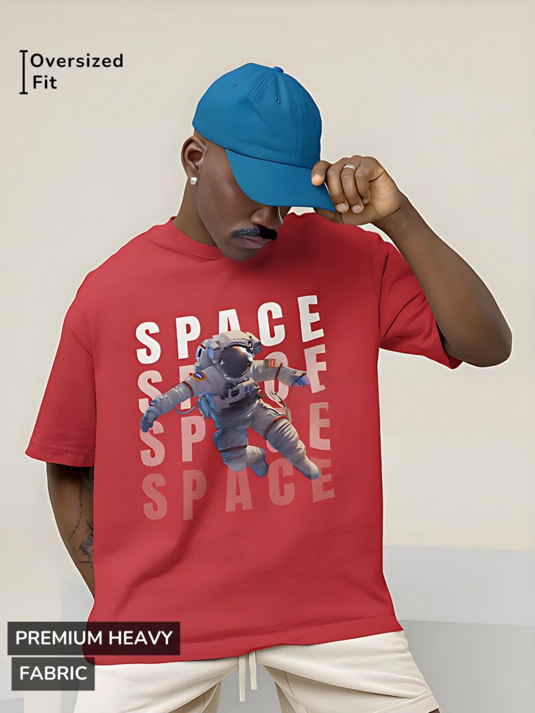 Red oversized T-shirt featuring a floating astronaut with bold 'SPACE' typography in a futuristic design.