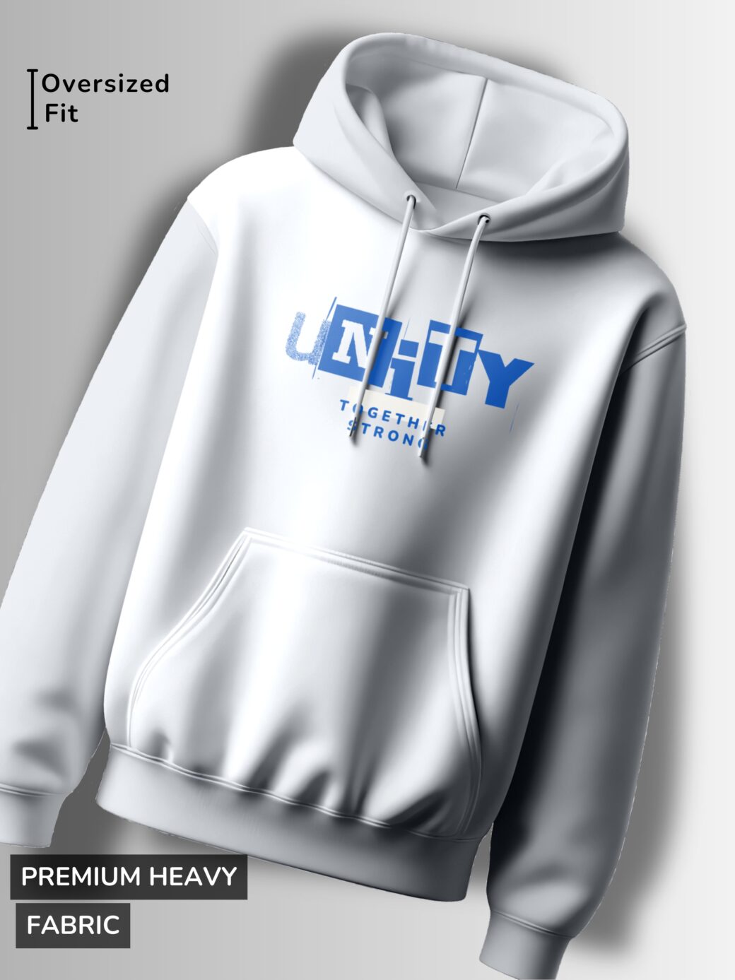 Unity White Hoodie (Image of a white hoodie with bold, blue "Unity" lettering and the phrase "Together Strong")