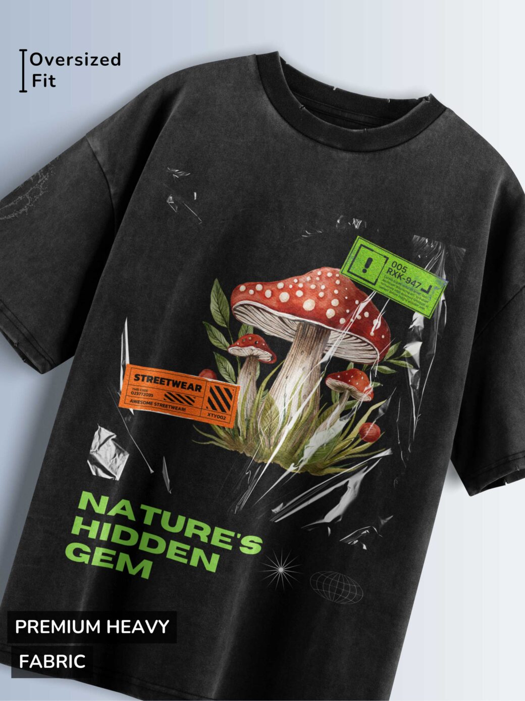 "Distressed black oversized T-shirt with a mushroom graphic, 'STREETWEAR' tag, and 'NATURE'S HIDDEN GEM' text.