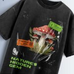 "Distressed black oversized T-shirt with a mushroom graphic, 'STREETWEAR' tag, and 'NATURE'S HIDDEN GEM' text.