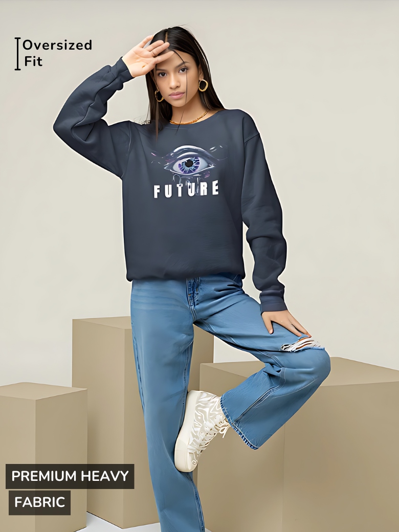 Dark oversized sweatshirt featuring a futuristic cyber eye design with 'FUTURE' typography.