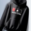 Black hoodie with a graphic showing a low battery symbol with a tea cup icon and the text "NEED CHAI."