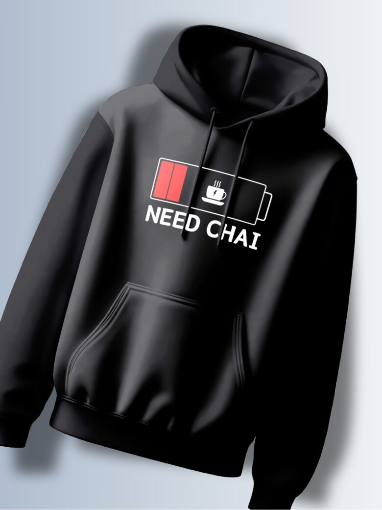 Black hoodie with a graphic showing a low battery symbol with a tea cup icon and the text "NEED CHAI."