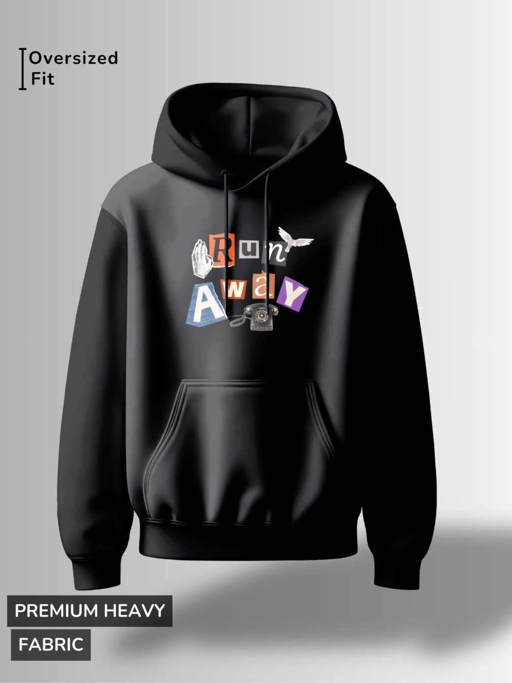 Black hoodie with the words "Run Away" in a collage-style design with fragmented letters and whimsical imagery like a telephone and butterfly.