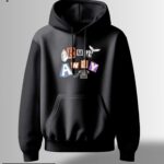 Black hoodie with the words "Run Away" in a collage-style design with fragmented letters and whimsical imagery like a telephone and butterfly.