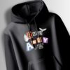 Black hoodie with the words "Run Away" in a collage-style design with fragmented letters and whimsical imagery like a telephone and butterfly