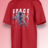 Red oversized T-shirt featuring a floating astronaut with bold 'SPACE' typography in a futuristic design.