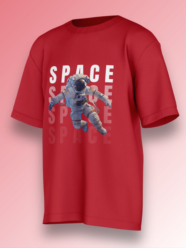 Red oversized T-shirt featuring a floating astronaut with bold 'SPACE' typography in a futuristic design.