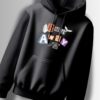 Black hoodie with the words "Run Away" in a collage-style design with fragmented letters and whimsical imagery like a telephone and butterfly