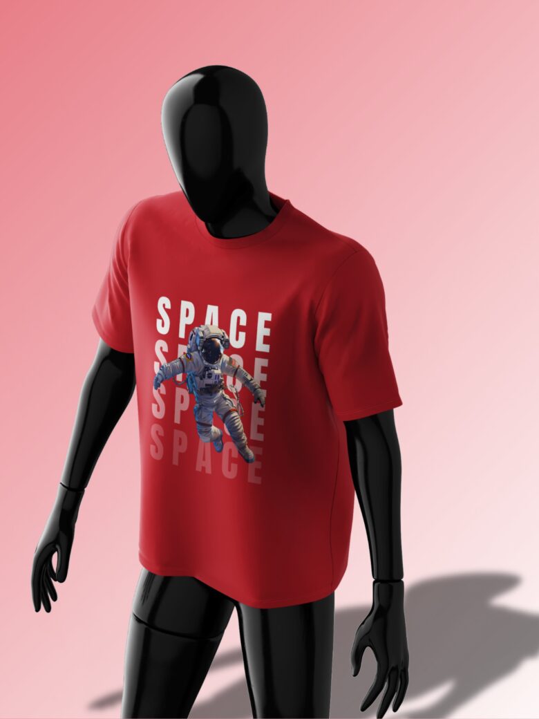 Red oversized T-shirt featuring a floating astronaut with bold 'SPACE' typography in a futuristic design.