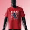 Red oversized T-shirt featuring a floating astronaut with bold 'SPACE' typography in a futuristic design.