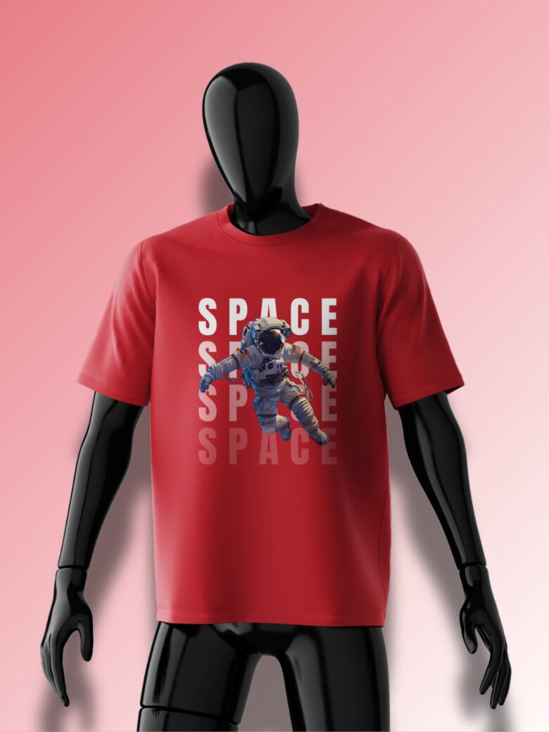 Red oversized T-shirt featuring a floating astronaut with bold 'SPACE' typography in a futuristic design.