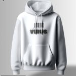 White hoodie with the word "Virus" in a distressed, glitch-like font and a barcode graphic above it.