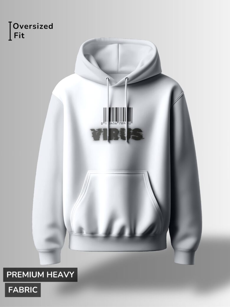 White hoodie with the word "Virus" in a distressed, glitch-like font and a barcode graphic above it.