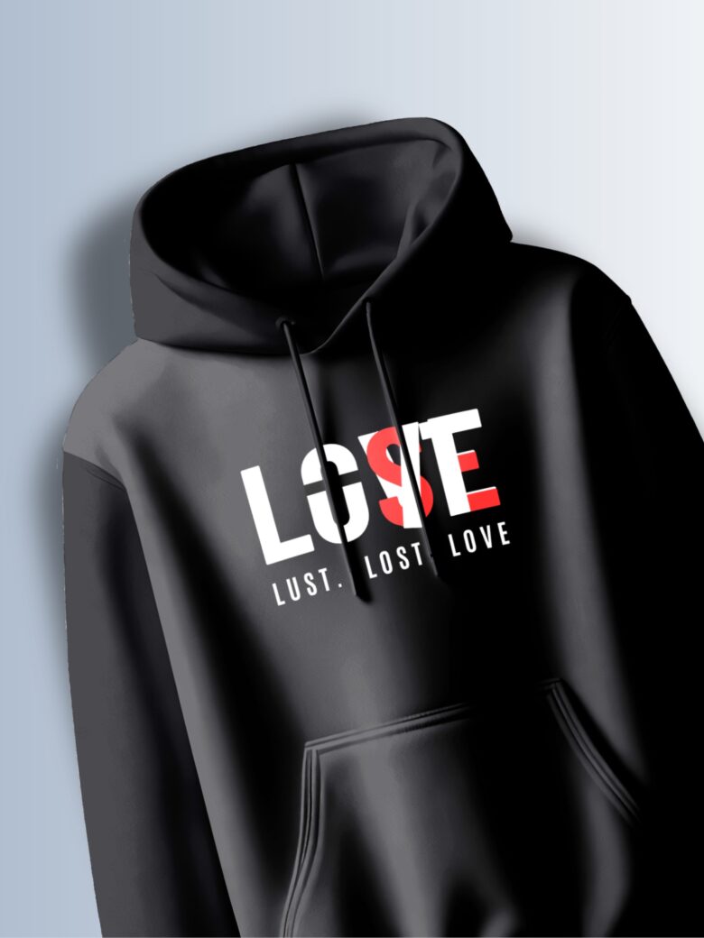 Black hoodie with the word "LOVE" in white, with the "O" replaced by "LUST" in red, and the phrase "LOST LOVE" in white below.