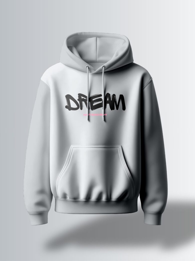 Light grey hoodie with the word "DREAM" in a bold, slightly stylized, black font.