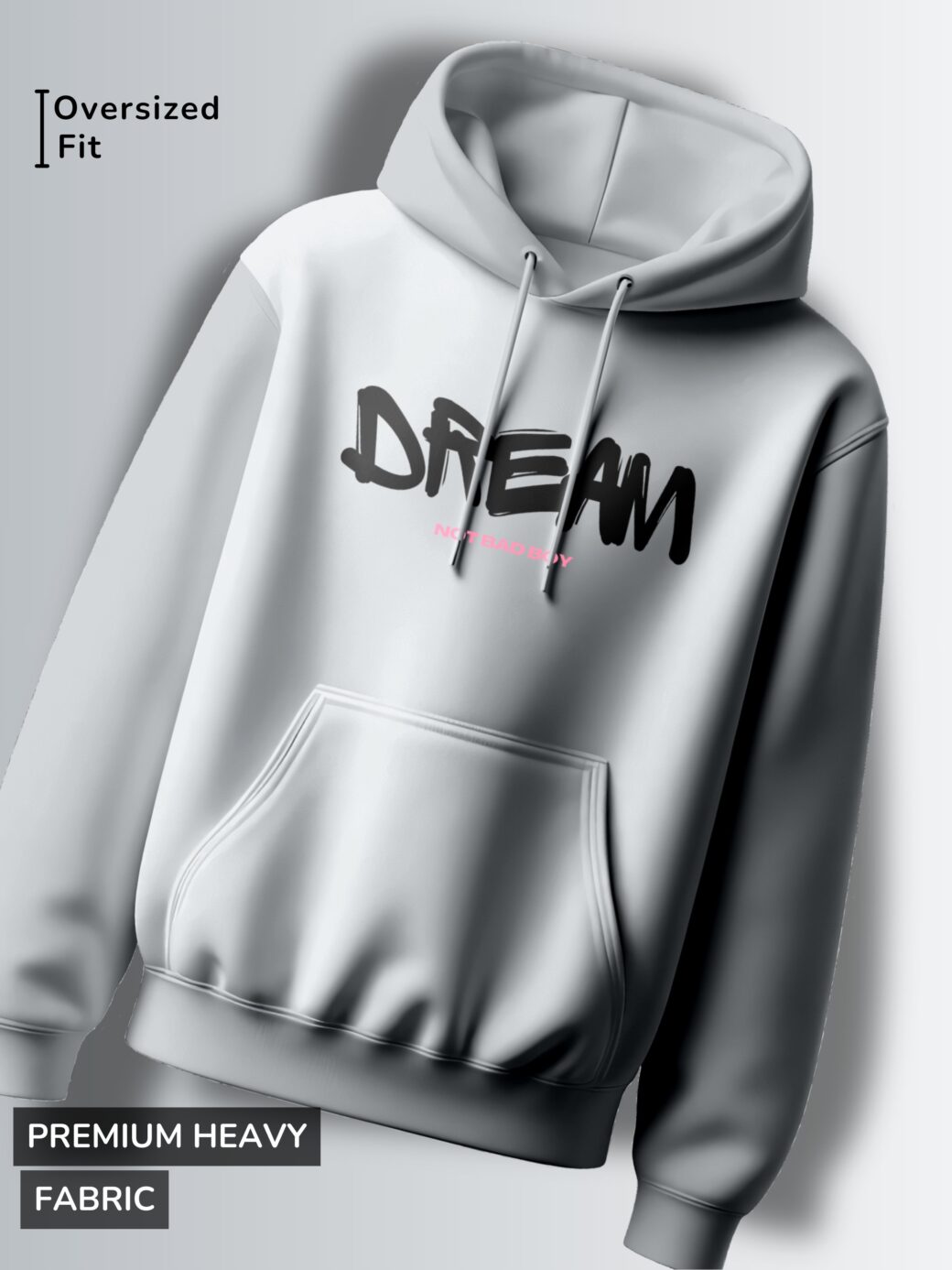 Light grey hoodie with the word "DREAM" in a bold, slightly stylized, black font.