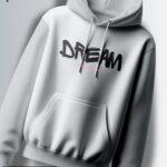 Light grey hoodie with the word "DREAM" in a bold, slightly stylized, black font.