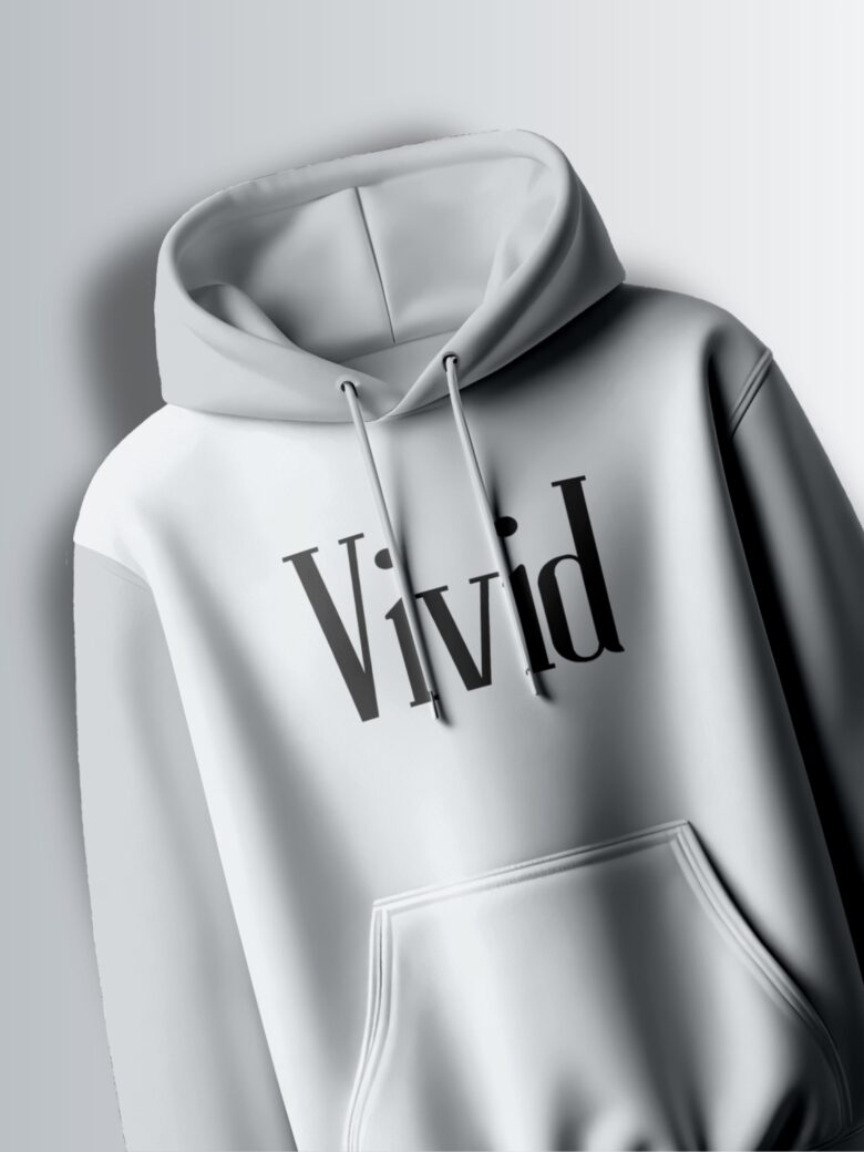 Light grey hoodie with the word "Vivid" in a clean, elegant, black font.