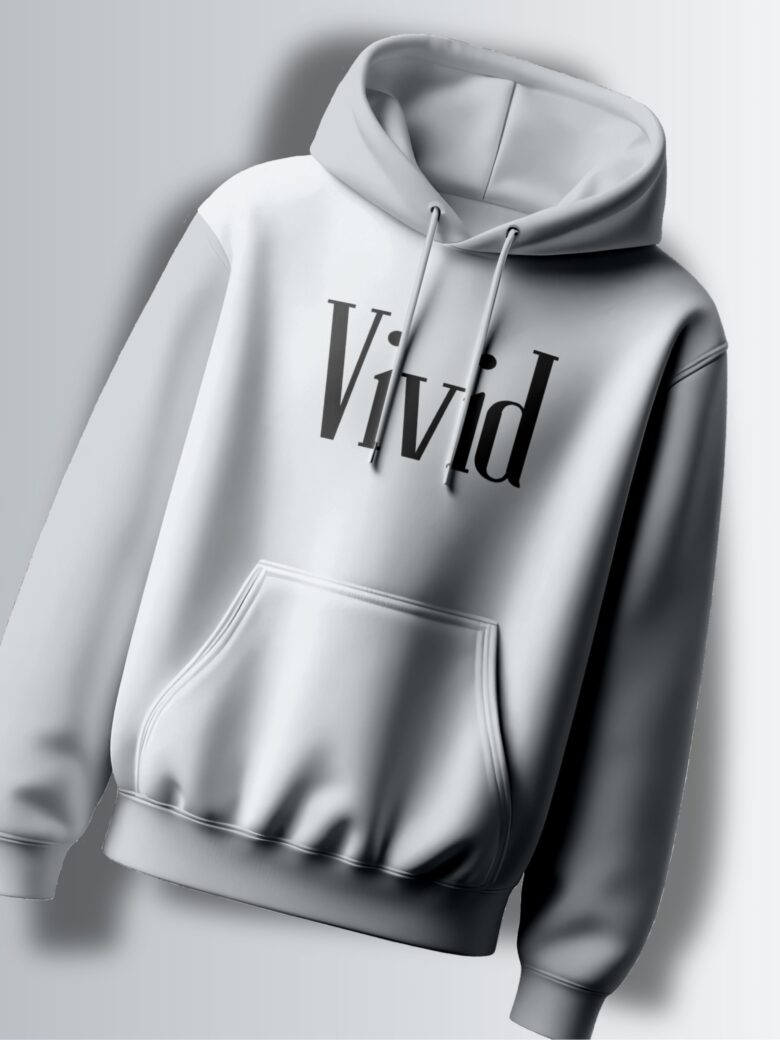 Light grey hoodie with the word "Vivid" in a clean, elegant, black font.