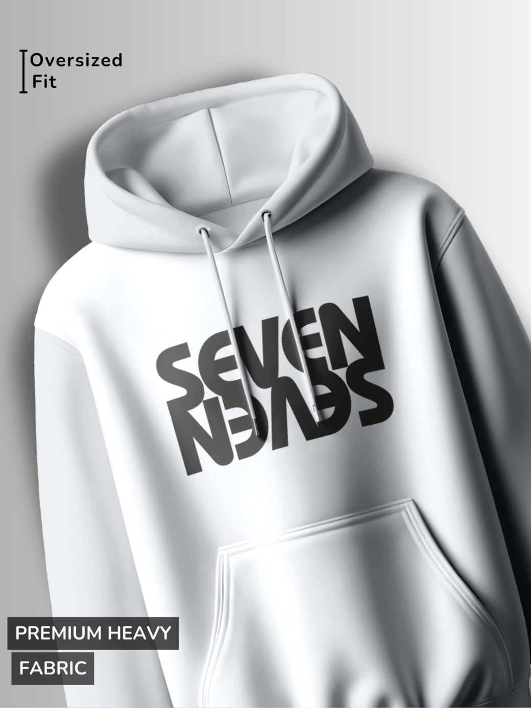 White hoodie with the words "SEVEN NEADS" stacked on top of each other in bold, slightly distorted, black letters.