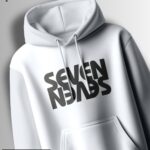 White hoodie with the words "SEVEN NEADS" stacked on top of each other in bold, slightly distorted, black letters.